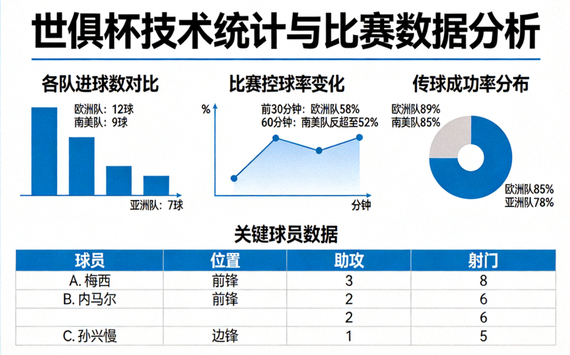世俱杯技术统计图表与比赛数据分析画面